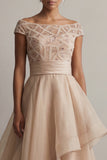 Blush Beaded Long A Line Mother of the Bride Dress with Ruffles
