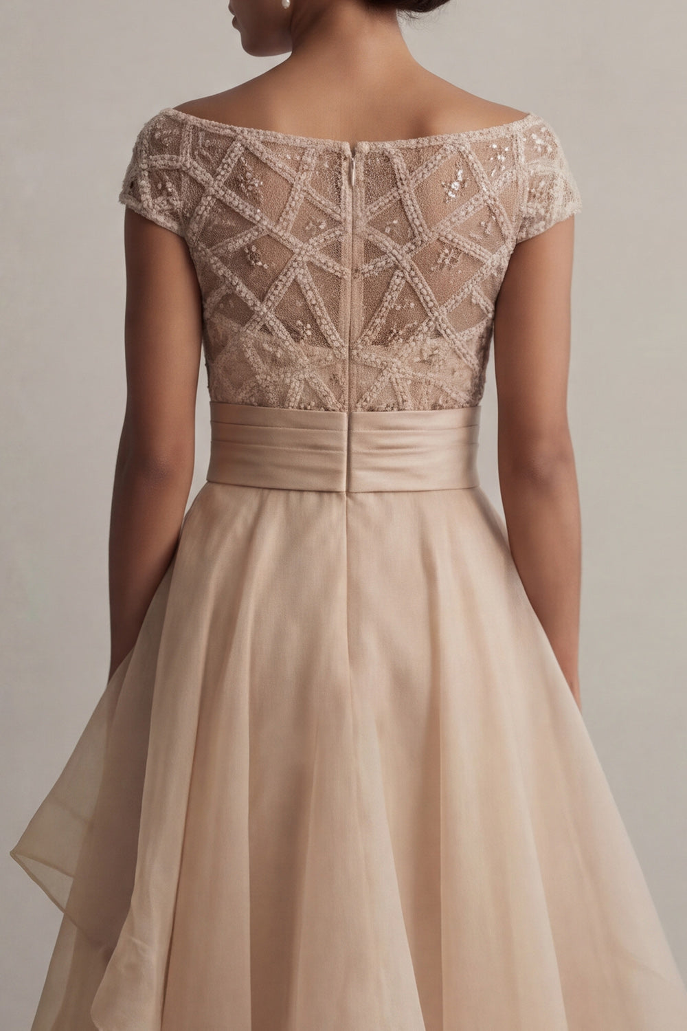 Blush Beaded Long A Line Mother of the Bride Dress with Ruffles