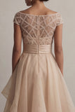 Blush Beaded Long A Line Mother of the Bride Dress with Ruffles