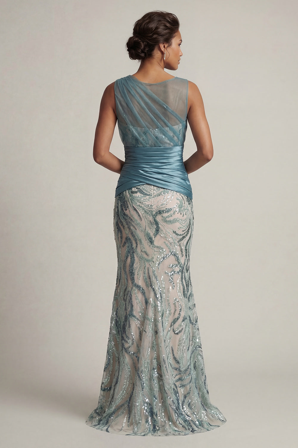 Sparkly Lake Blue Long Sequin Ruched Mermaid Mother of the Bride Dress