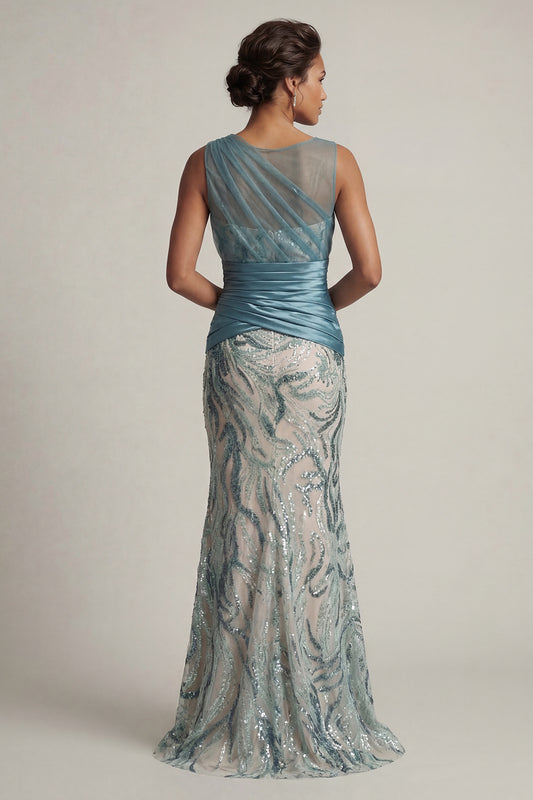 Sparkly Lake Blue Long Sequin Ruched Mermaid Mother of the Bride Dress