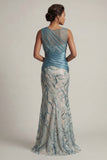 Sparkly Lake Blue Long Sequin Ruched Mermaid Mother of the Bride Dress