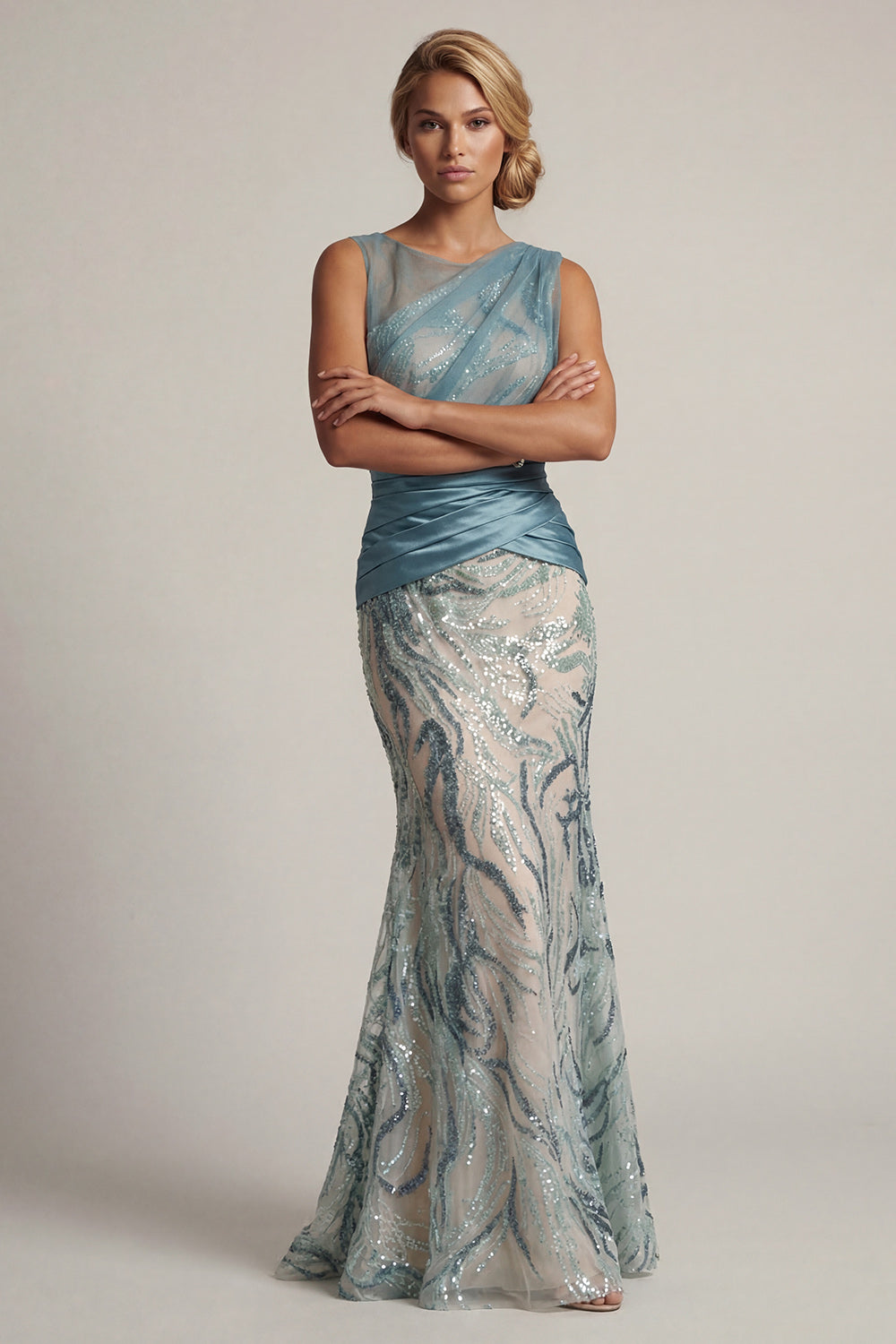 Sparkly Lake Blue Sequin Long Mother of the Bride Dress Ruched Round Neck Mermaid Wedding Guest Dress