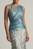 Sparkly Lake Blue Long Sequin Ruched Mermaid Mother of the Bride Dress