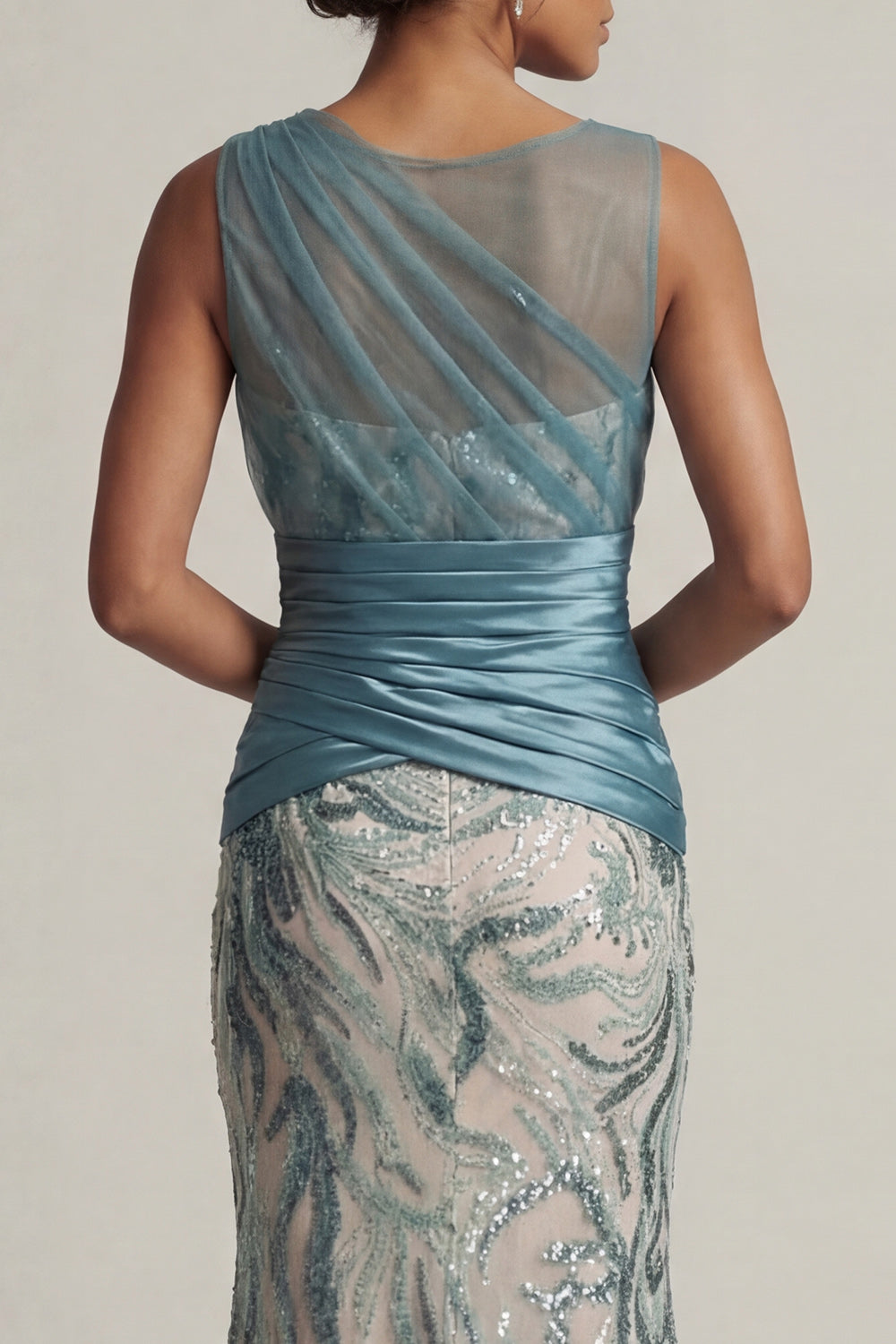 Sparkly Lake Blue Long Sequin Ruched Mermaid Mother of the Bride Dress
