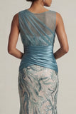 Sparkly Lake Blue Long Sequin Ruched Mermaid Mother of the Bride Dress