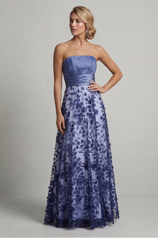 Floral Long A Line Navy Strapless Mother of the Bride Dress