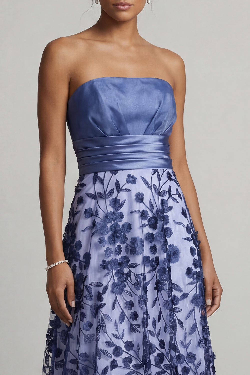 Floral Long A Line Navy Strapless Mother of the Bride Dress
