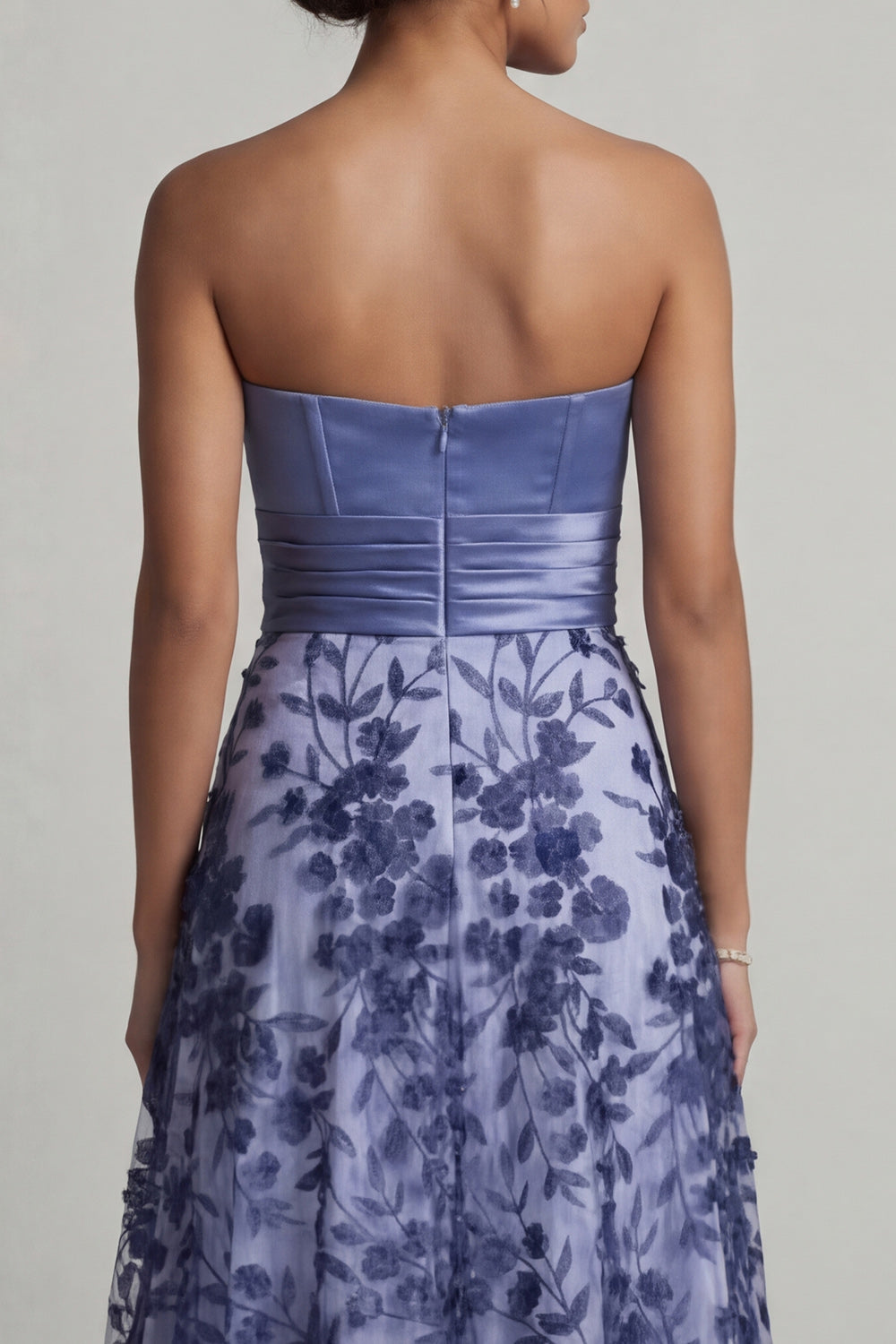 Floral Long A Line Navy Strapless Mother of the Bride Dress