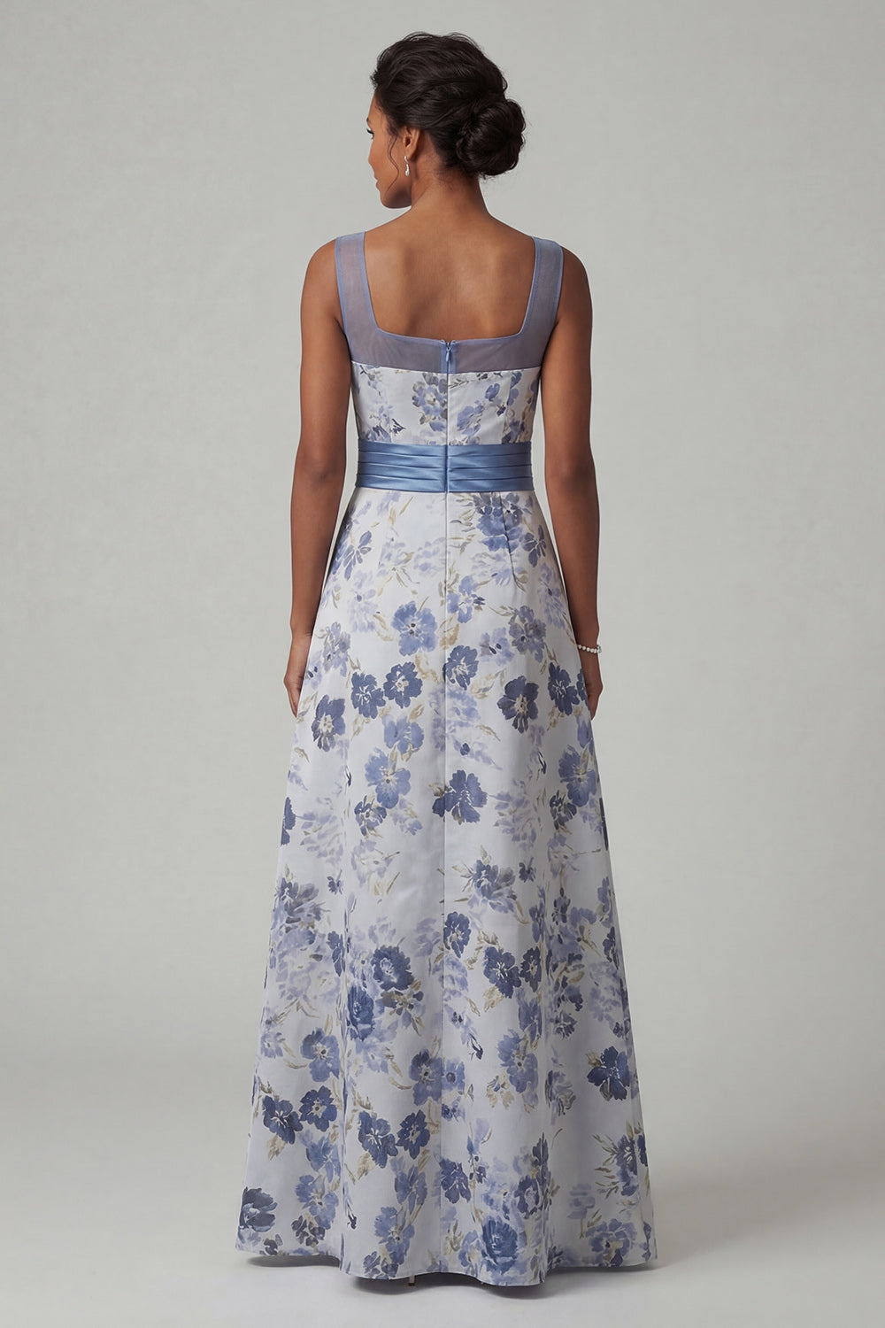 Long A Line Dusty Blue Floral Mother of the Bride Dress with Slit