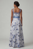 Long A Line Dusty Blue Floral Mother of the Bride Dress with Slit