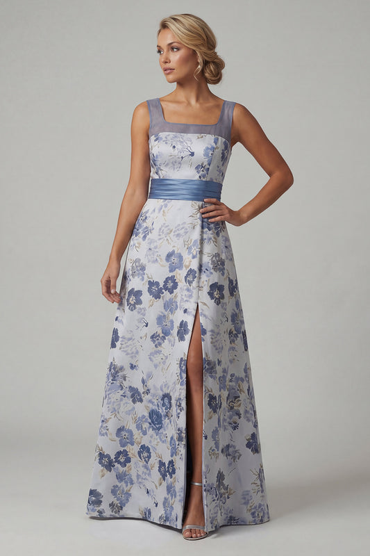 Long A Line Dusty Blue Floral Mother of the Bride Dress with Slit