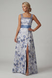 Long A Line Dusty Blue Floral Mother of the Bride Dress with Slit