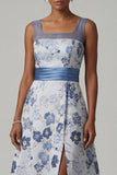 Long A Line Dusty Blue Floral Mother of the Bride Dress with Slit