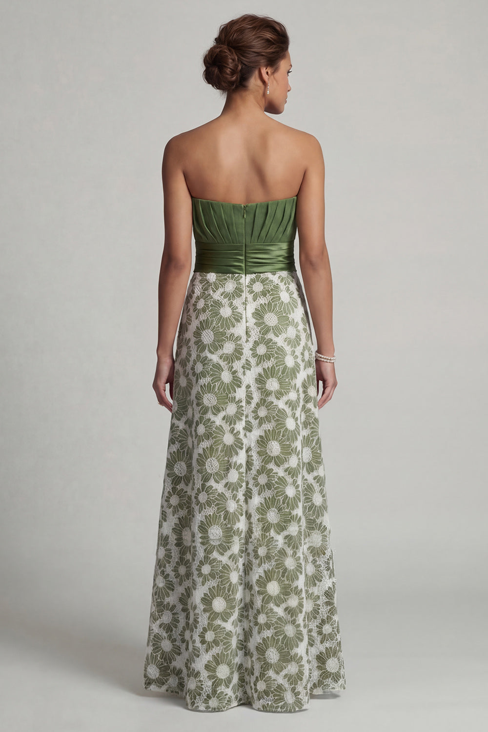 Long A Line Green Strapless Floral Ruched Mother of the Bride Dress