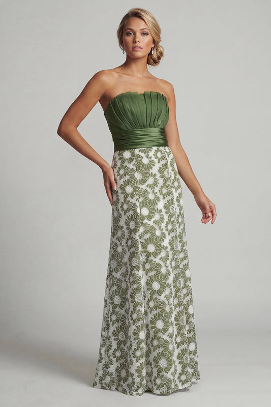 Long A Line Green Strapless Floral Ruched Mother of the Bride Dress