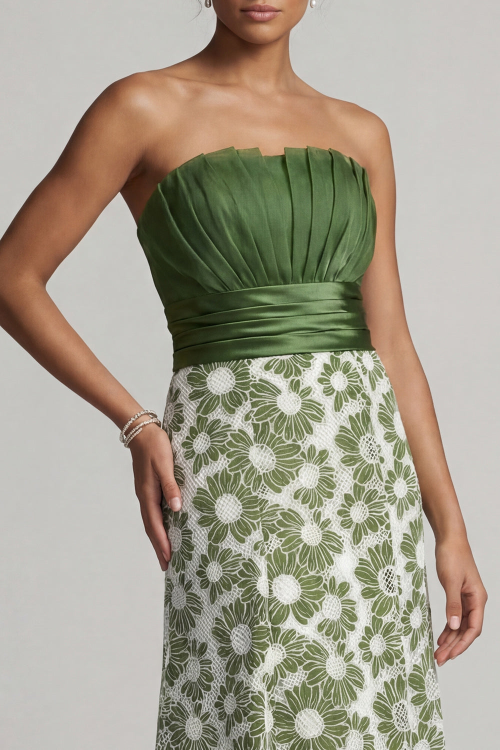 Long A Line Green Strapless Floral Ruched Mother of the Bride Dress