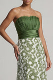 Long A Line Green Strapless Floral Ruched Mother of the Bride Dress