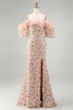 Sparkly Champagne Long Sequin Mermaid Beaded Mother of the Bride Dress with Ruffles