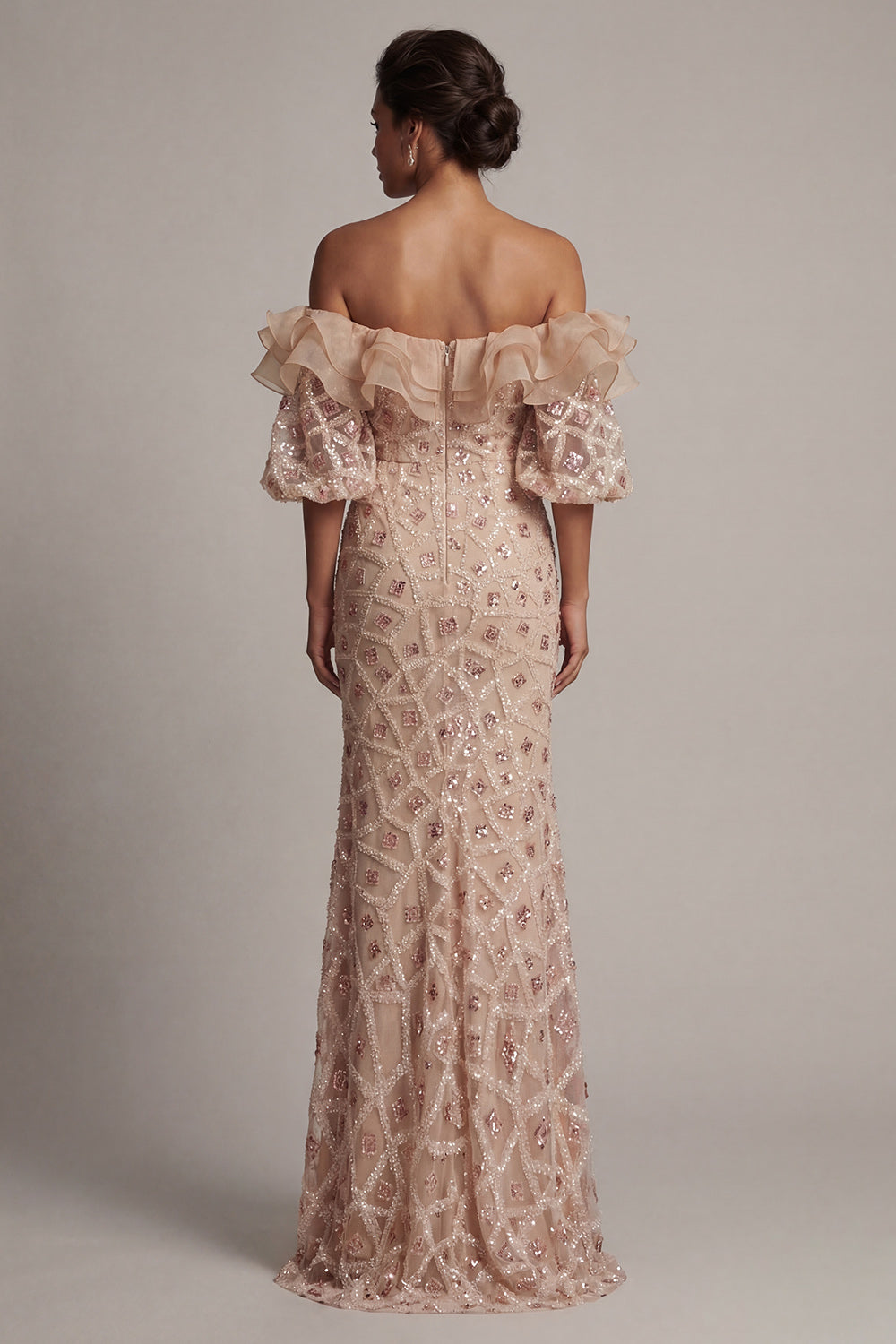 Sparkly Champagne Long Sequin Mermaid Beaded Mother of the Bride Dress with Ruffles
