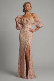 Sparkly Champagne Long Sequin Mermaid Beaded Mother of the Bride Dress with Ruffles