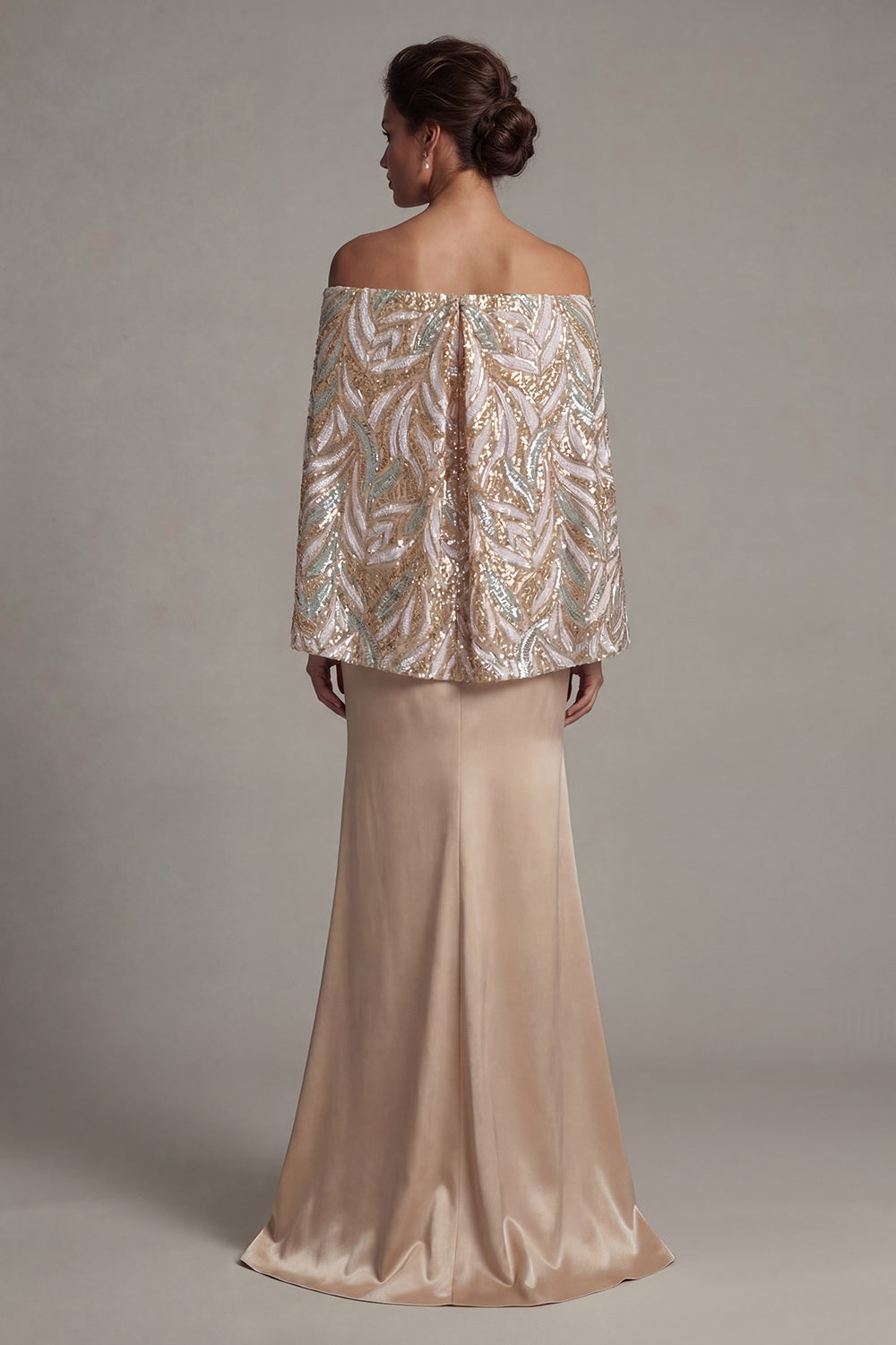 Long Sparkly Champagne Sequin Mermaid Mother of the Bride Dress with Cape