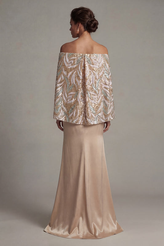 Long Sparkly Champagne Sequin Mermaid Mother of the Bride Dress with Cape