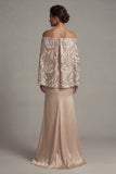 Long Sparkly Champagne Sequin Mermaid Mother of the Bride Dress with Cape