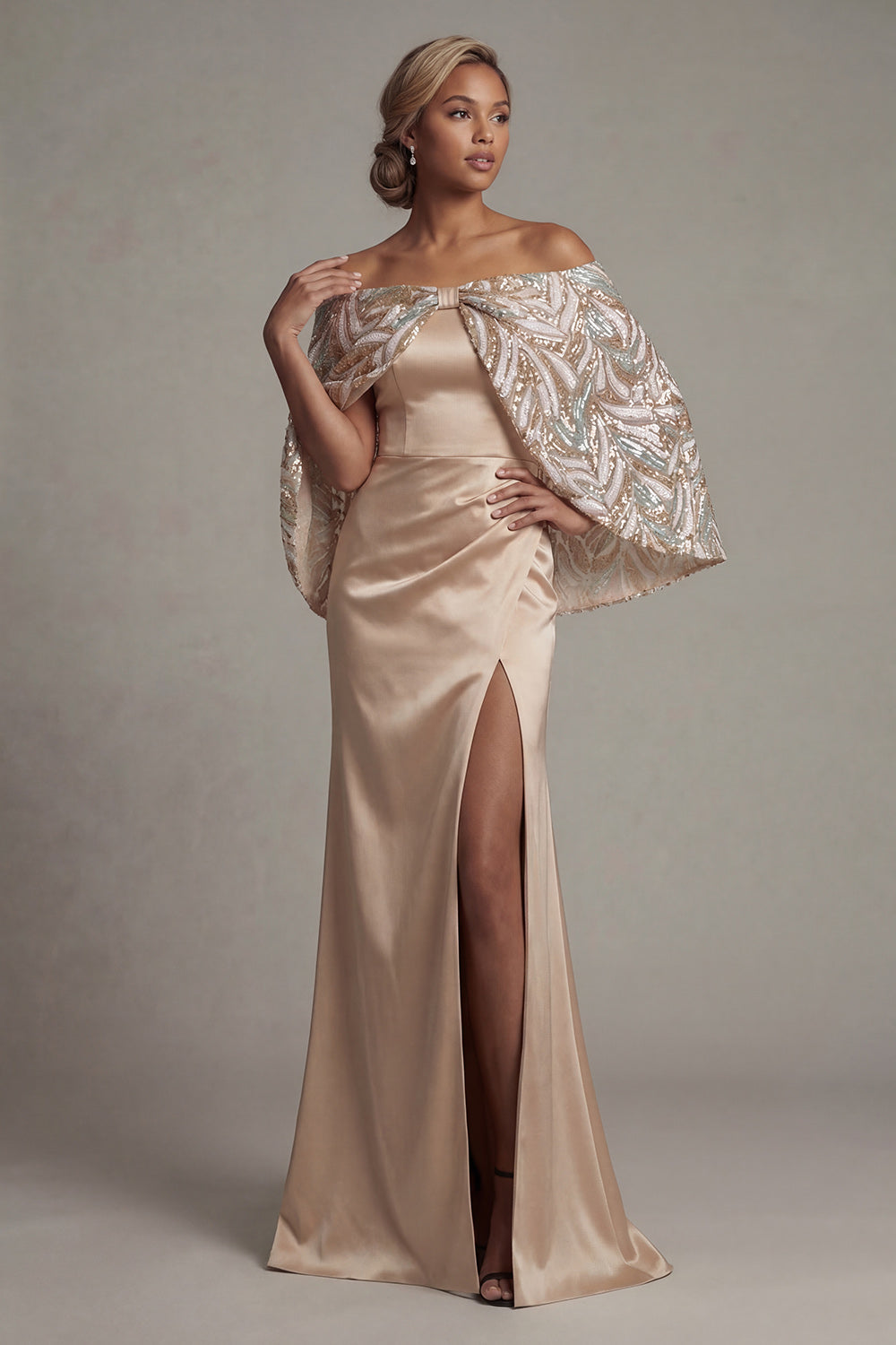 Long Sparkly Champagne Sequin Mermaid Mother of the Bride Dress with Cape