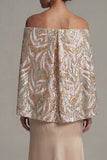 Long Sparkly Champagne Sequin Mermaid Mother of the Bride Dress with Cape