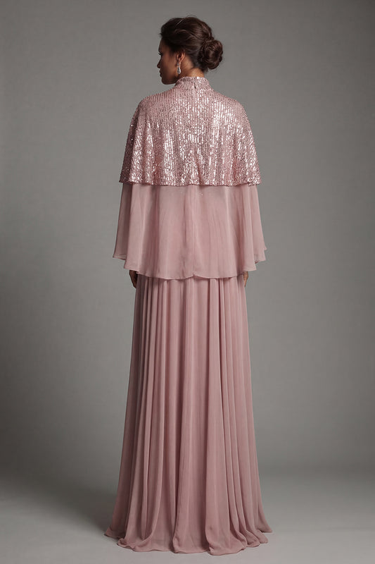 Sparkly Dusty Rose Long Sequin A Line Mother of the Bride Dress with Cape