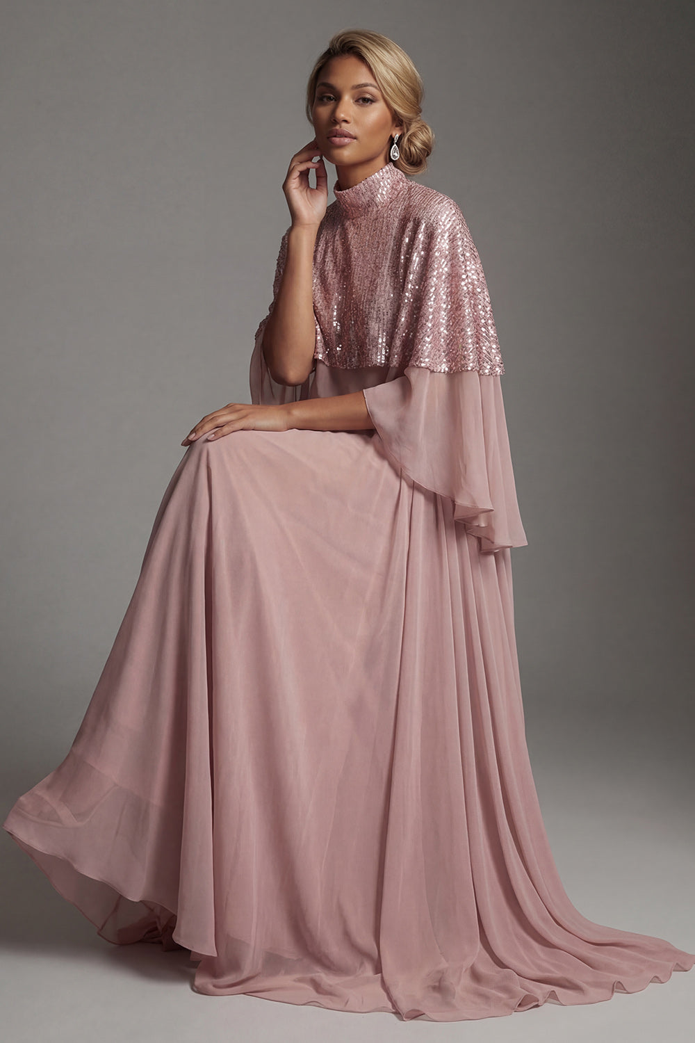 Sparkly Dusty Rose Long Sequin A Line Mother of the Bride Dress with Cape