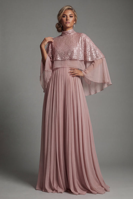 Sparkly Dusty Rose Long Sequin A Line Mother of the Bride Dress with Cape