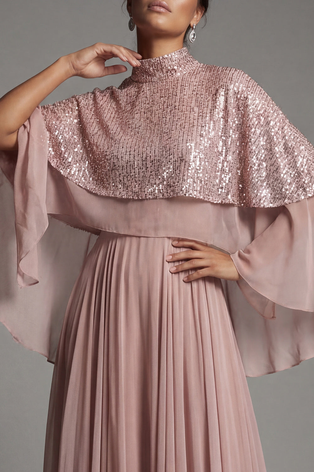 Sparkly Dusty Rose Long Sequin A Line Mother of the Bride Dress with Cape