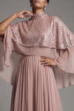 Sparkly Dusty Rose Long Sequin A Line Mother of the Bride Dress with Cape