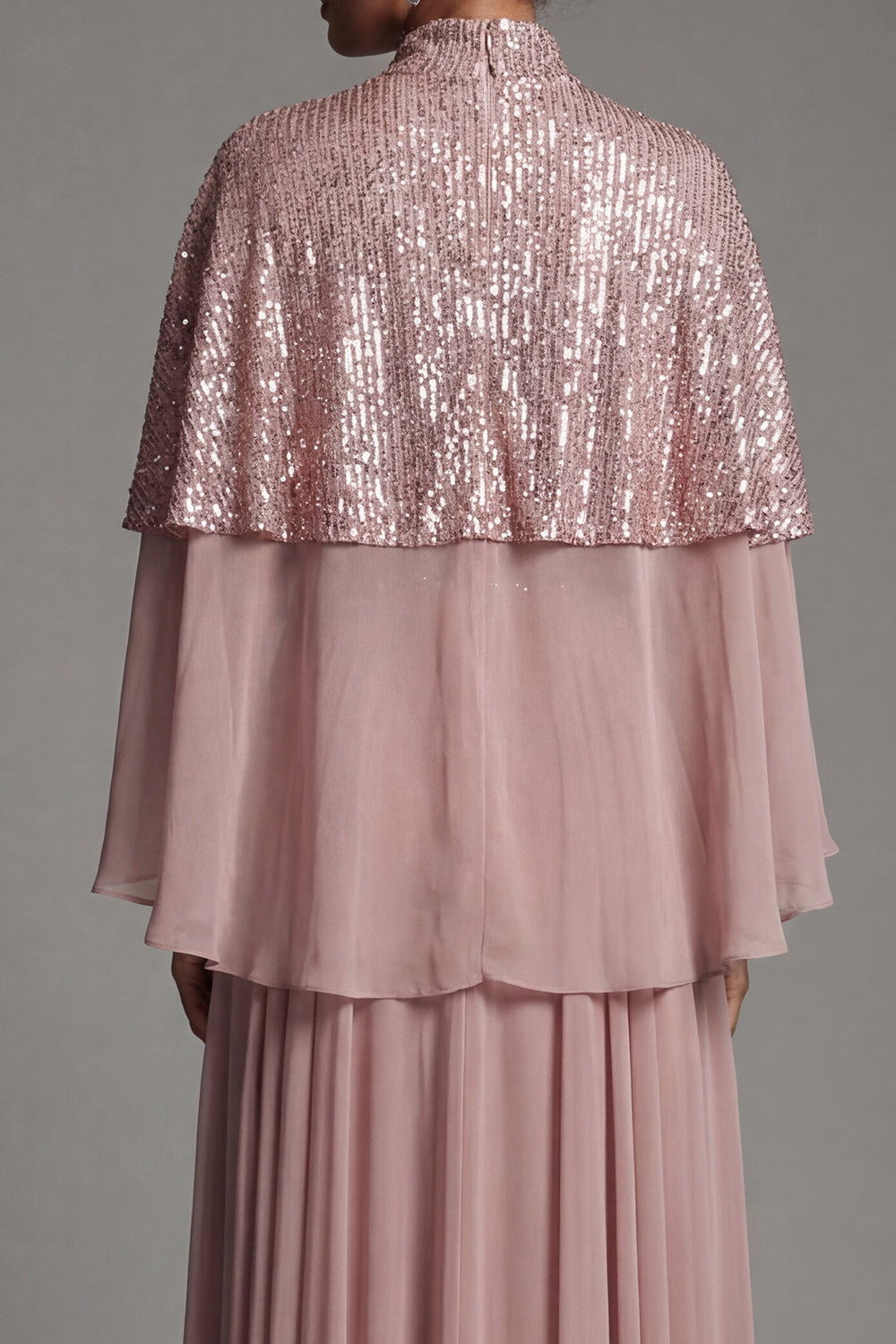 Sparkly Dusty Rose Long Sequin A Line Mother of the Bride Dress with Cape