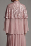 Sparkly Dusty Rose Long Sequin A Line Mother of the Bride Dress with Cape