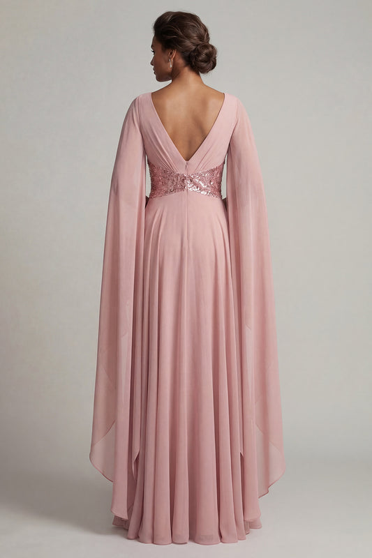 Long Sequin Sparkly Dusty Rose A Line Mother of the Bride Dress with Cape