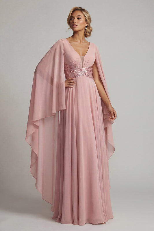 Long Sequin Sparkly Dusty Rose A Line Mother of the Bride Dress with Cape
