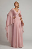 Long Sequin Sparkly Dusty Rose A Line Mother of the Bride Dress with Cape