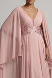 Long Sequin Sparkly Dusty Rose A Line Mother of the Bride Dress with Cape