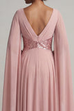 Long Sequin Sparkly Dusty Rose A Line Mother of the Bride Dress with Cape