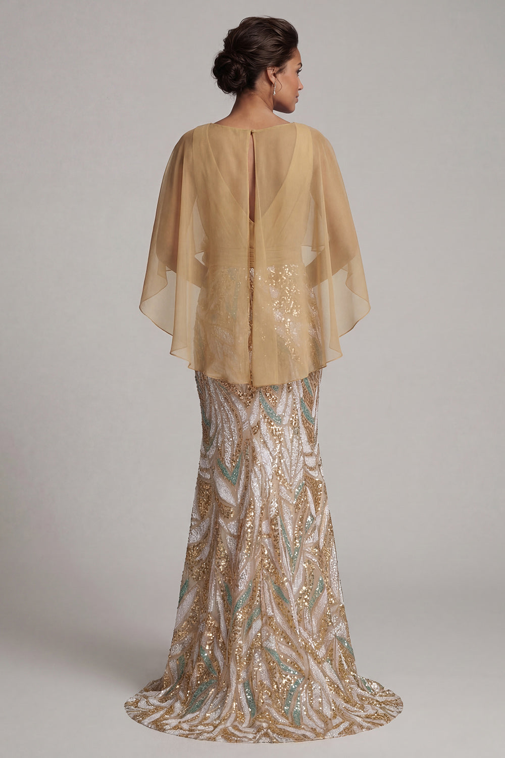 Long Sparkly Champagne Sequin Mermaid 3D Flower Mother of the Bride Dress with Cape
