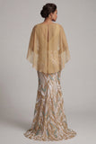 Long Sparkly Champagne Sequin Mermaid 3D Flower Mother of the Bride Dress with Cape