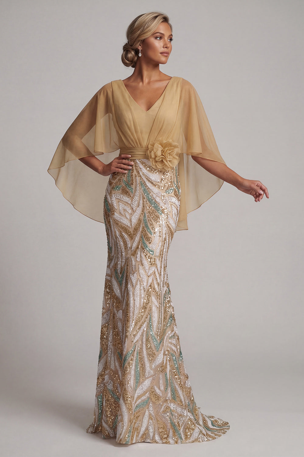 Sparkly Champagne Sequin Long Mother of the Bride Dress with Cape 3D Flower V-Neck Mermaid Wedding Guest Dress with Slit