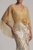 Long Sparkly Champagne Sequin Mermaid 3D Flower Mother of the Bride Dress with Cape