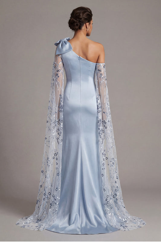 Floral Long Sequin Sky Blue Mermaid Mother of the Bride Dress with Cape