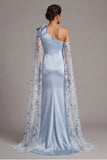 Floral Long Sequin Sky Blue Mermaid Mother of the Bride Dress with Cape