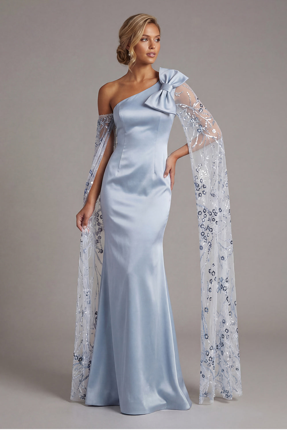 Floral Long Sequin Sky Blue Mermaid Mother of the Bride Dress with Cape