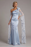 Floral Long Sequin Sky Blue Mermaid Mother of the Bride Dress with Cape
